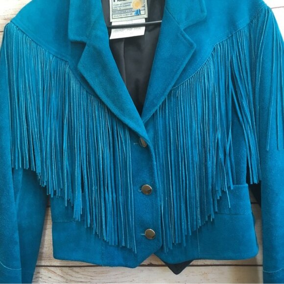 VINTAGE PIONEER WEAR GENUINE LEATHER FRINGE JACKET IN DEEP TEAL - Picture 4 of 16